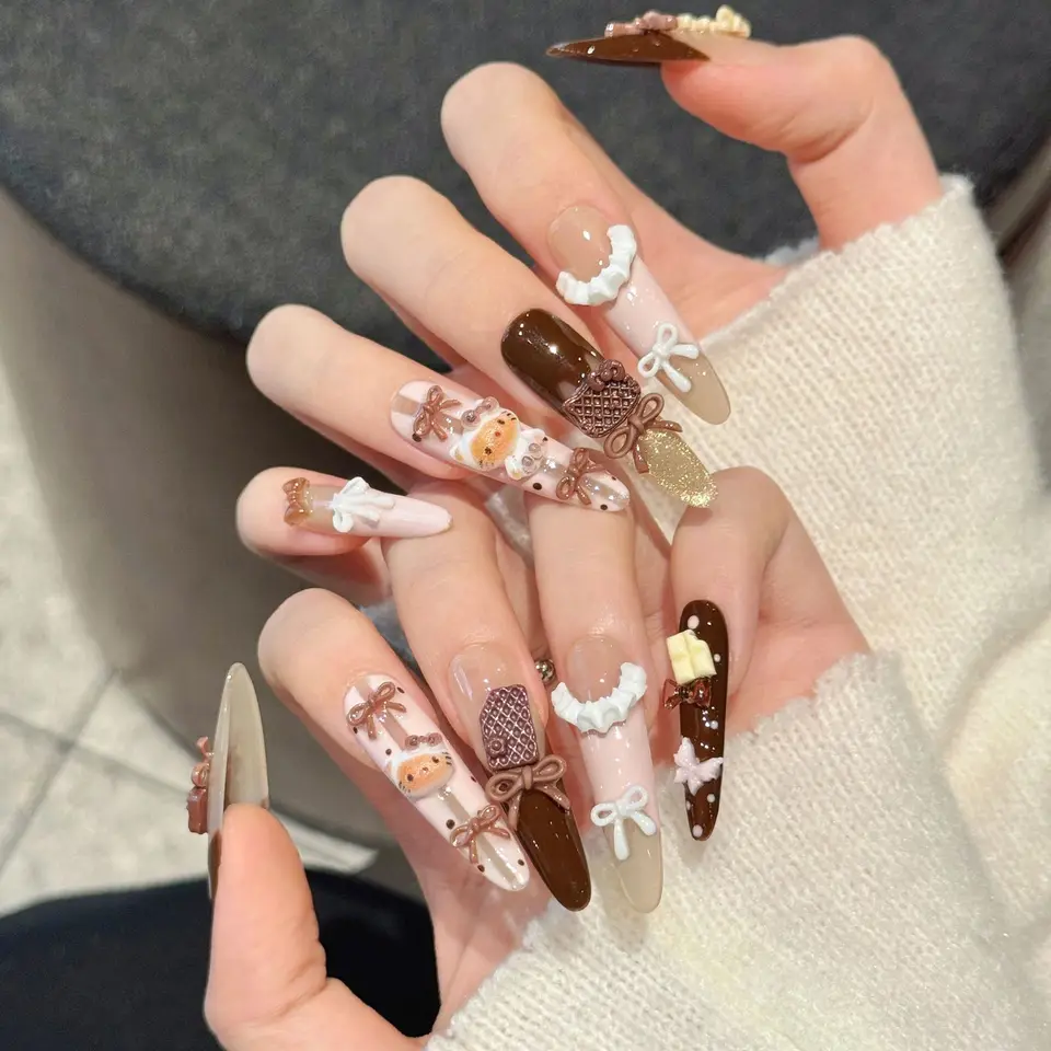 10 piezas de uñas postizas en forma de estilete, hechas a mano, dulces de otoño, ballet, polvo marrón, ojo de gato, lindas, ideales para fiestas y uso diario 3