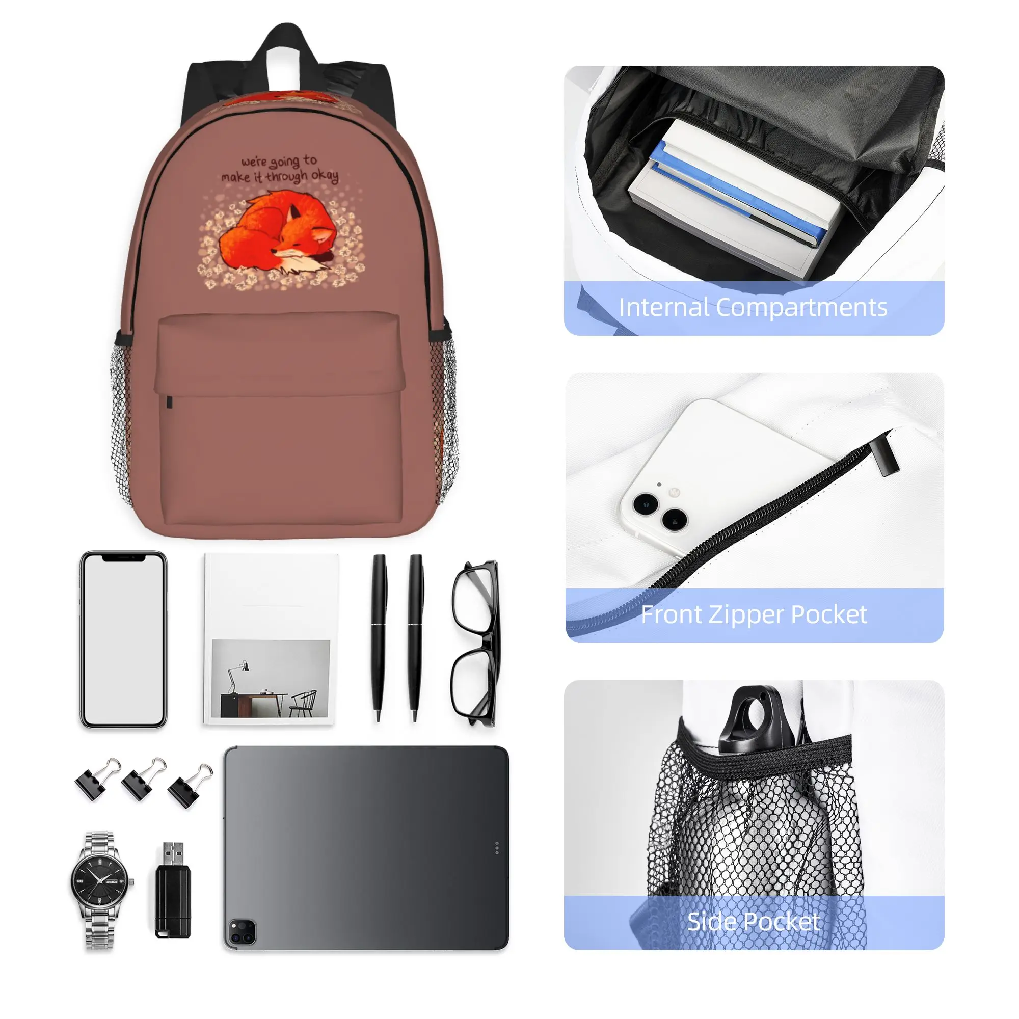 We're Going to Make it Through Okay Sleeping Flower Fox Backpack Hot Sale Daypack Boys Girls BookBag Shoulder Bags School Bag