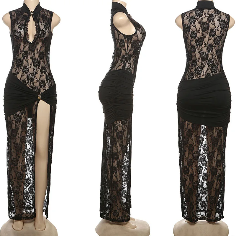 Sexy schwarzes Spitzen-Blumen-durchsichtiges Maxikleid für Damen, ärmellos, aushöhlen, Patchwork, hoher Split, Abschlussball, Nachtclub, Party, langes Kleid