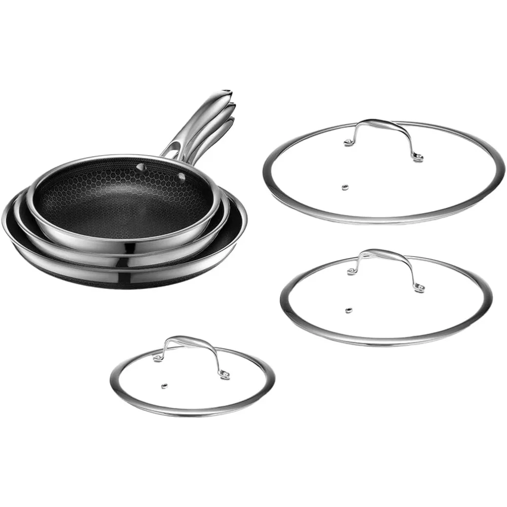 

hybrid nonstick 6-piece fry pan set, 8, 10, and 12-inch frying pans with tempered glass lids, stay-cool handles, dishwasher-fri