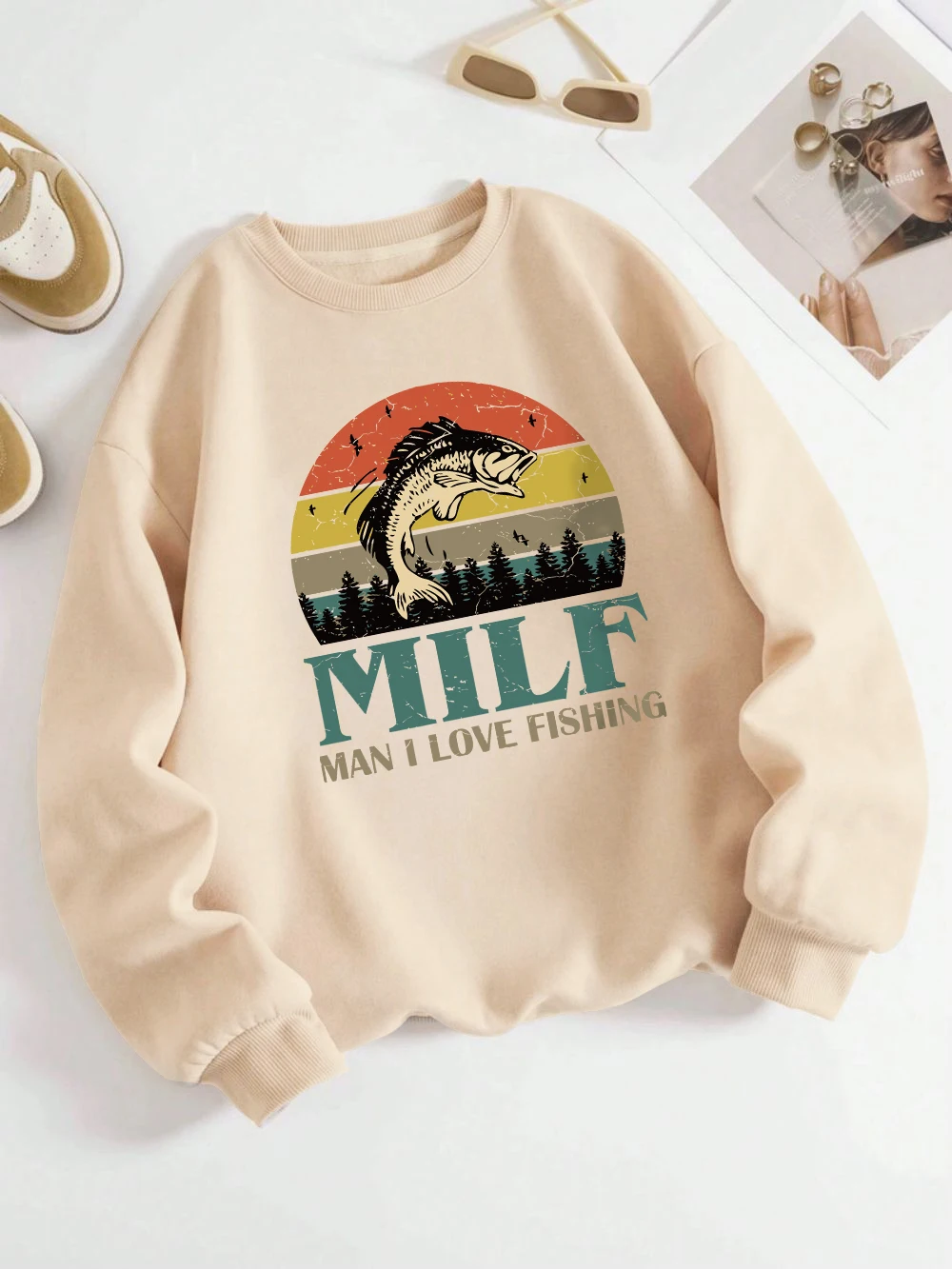 Milf Sweatshirts Women Man I Love Fishing Printed Hoodie Loose Fleece Warm Crewneck Clothes Winter Sporty Womans Pullover Tops