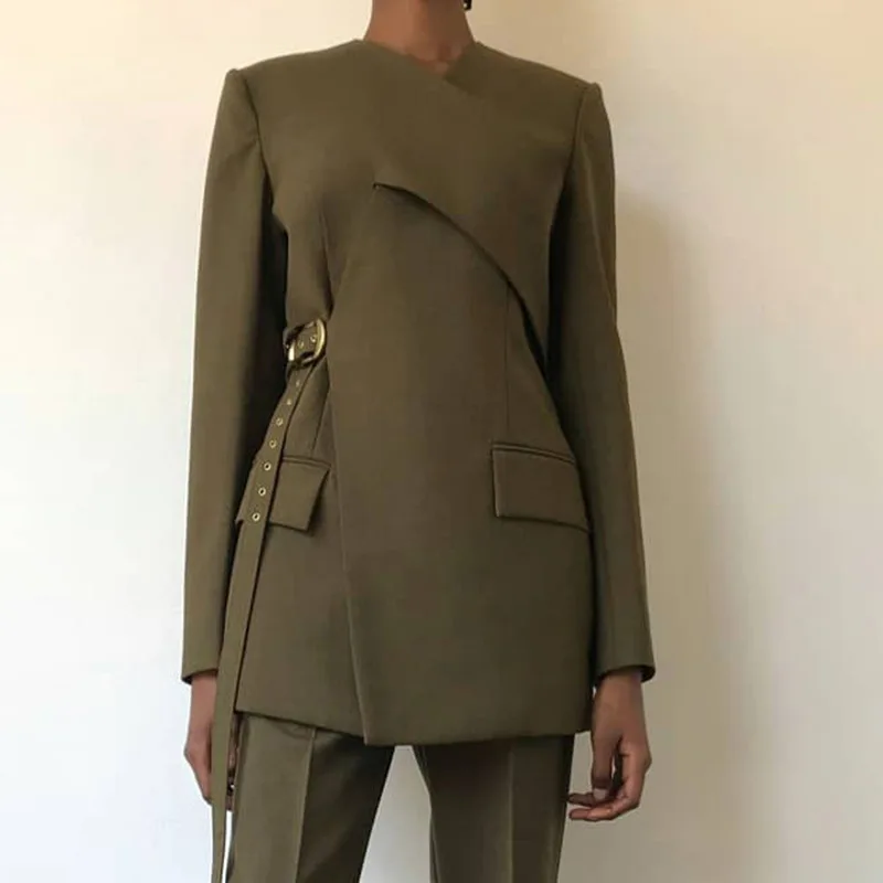 

Элегантные асимметричные блейзеры для женщин: модные модели с V-образным вырезом, длинными рукавами, в стиле пэчворк, на шнуровке, приталенные, для создания стройного силуэта