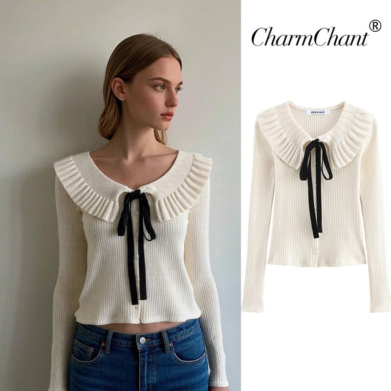 CharmChant 2025 Spring Knit Sweater Bow Detail Flounce Collar Ribbed Long Sleeve Versatile Daywear Office to Park Comfort