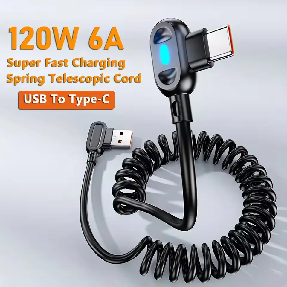 6A Dual Elbow USB A to Type C Short Spring Data Cable Fast Charging for iPhone Samsung Xiaomi Phone Charger Wire Car USB Cable