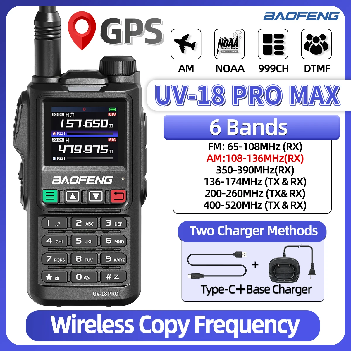 Baofeng UV-18 PRO MAX GPS Walkie Talkie 10W Full Band Wireless Copy Frequency 999CH Type-C Charge UV18 PRO GPS Ham Two Way Radio