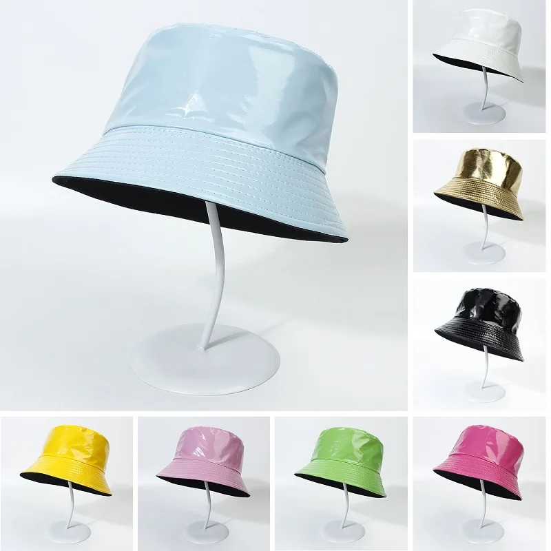 Women Men Faux Leather Bucket Hats Harajuku Fisherman Hat Metallic Holographic Reflective Reversible Wide Brim Travel Sun Cap