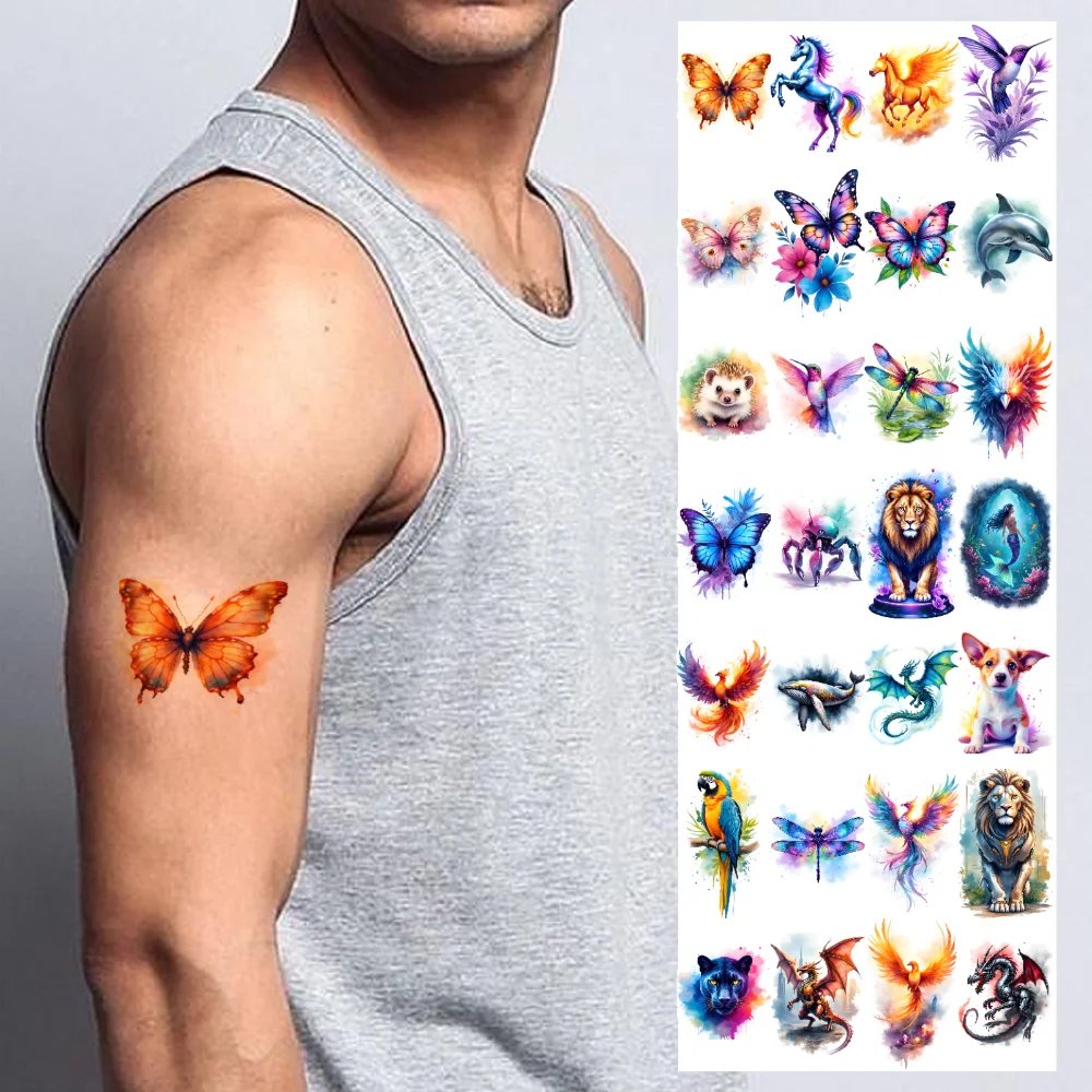 

28pcs Temporary Tattoo Animal Designs Temporary Tattoo Stickers Colorful Butterflies Watercolor For Arms Cheeks Children