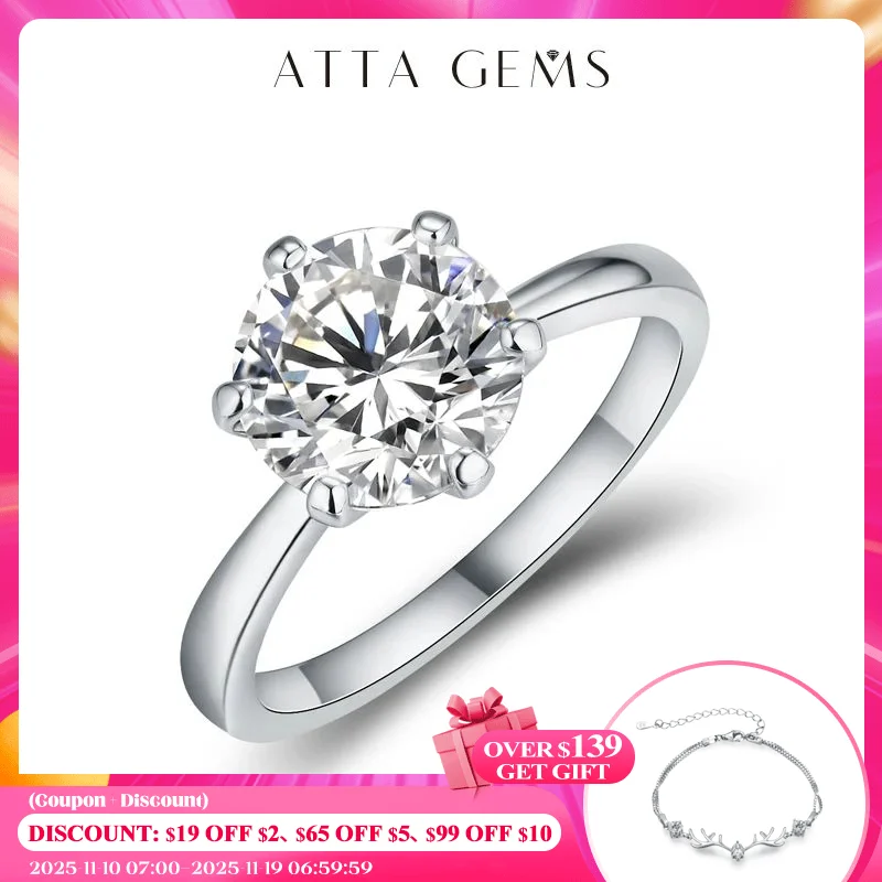 

Кольцо ATTAGEMS с муассанитом 1 карат, 2 карата, 3 карата, кольцо с бриллиантом круглой формы с бриллиантом, кольца с бриллиантами для женщин