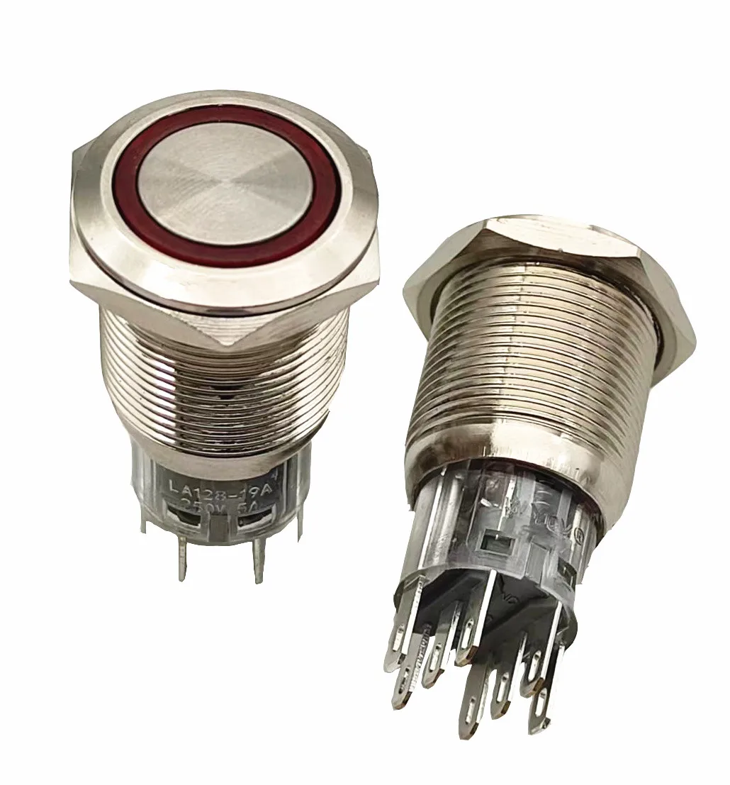 IP67 8pin 19mm Illuminated 24V Indicator 2NO 2NC Momentary And Latching type Metal Push Button Switch