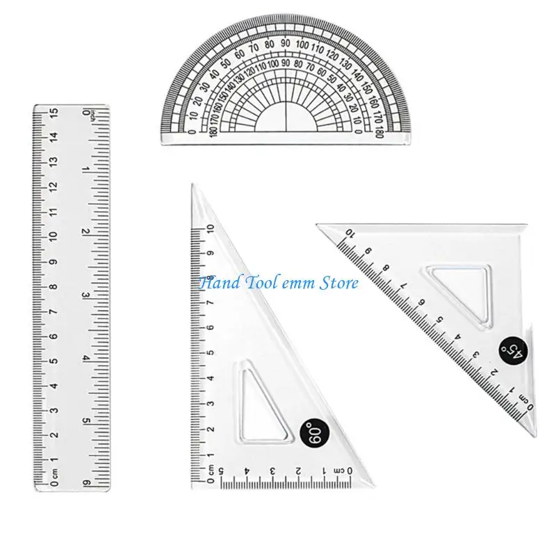 H37F 4 Pcs 15cm Ruler Set Geometry Set Triangle Ruler Math Protractor Drawing Tool School Supplies for Student Boys Girl