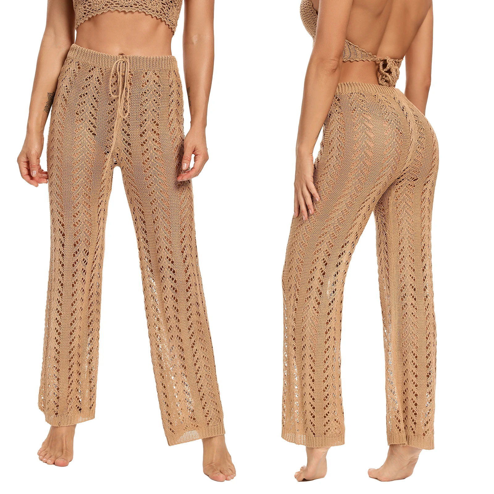 Yivorovy-Pantalon amissié au crochet pour femmes, style bohème, cover-up pour bikini de plage, taille haute élastique, jambes droites