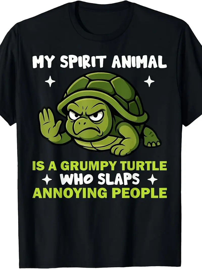 Humorous T-Shirt Featuring Grumpy Turtle Spirit Animal Slightly Stretchy Crew Neck Sizes S To Xxxl Beach Casual Plus Size Gift