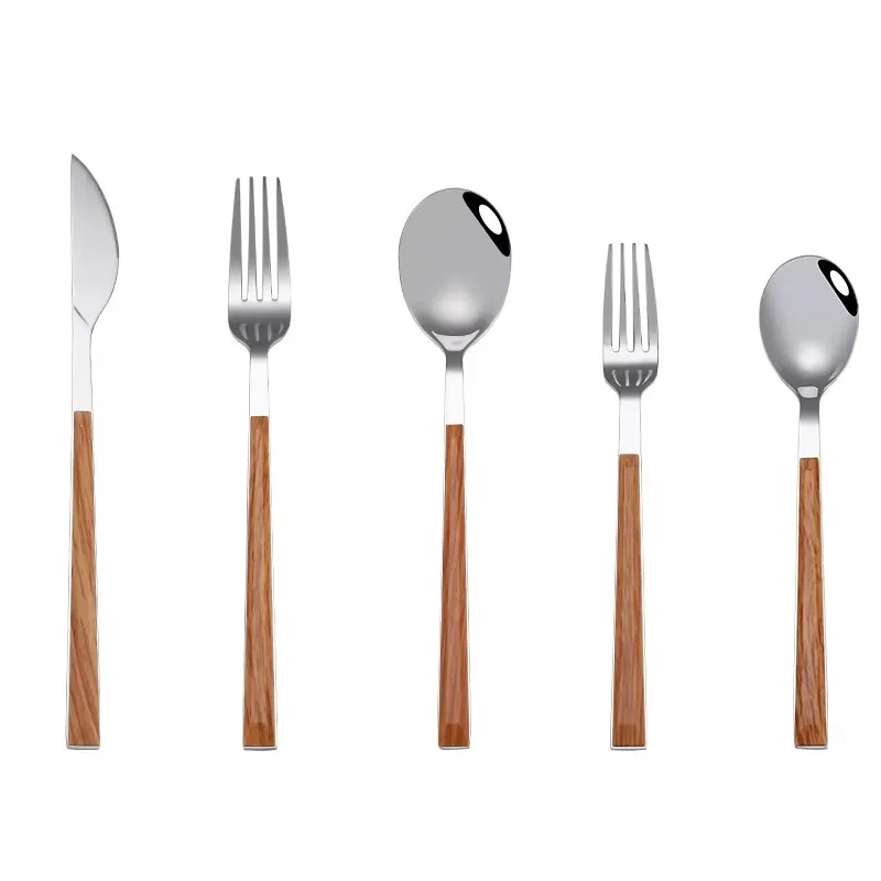 Stainless Steel Dinner Cutlery, Knives, Forks, Spoons, Black Wooden Texture Handle, Home Party Tableware, Steak Knife