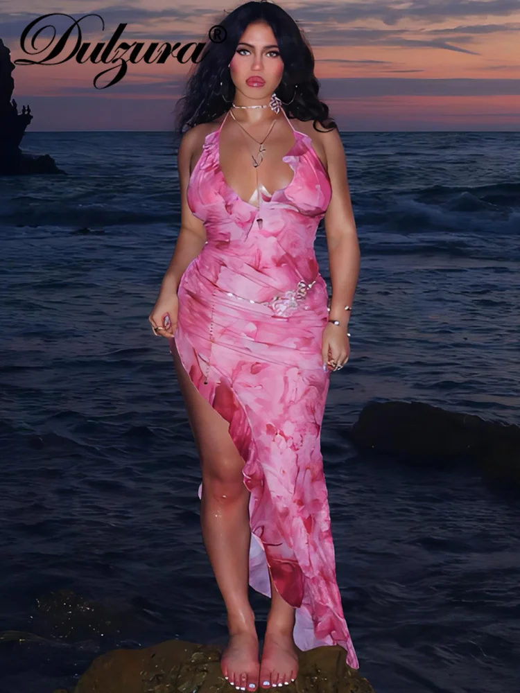 Dulzura Tie Dye Print Ruffle Lace Up Halter Maxi Jurk V-hals Bodycon Sexy Backless Party Elegante Y2K Outfits Drop verzending