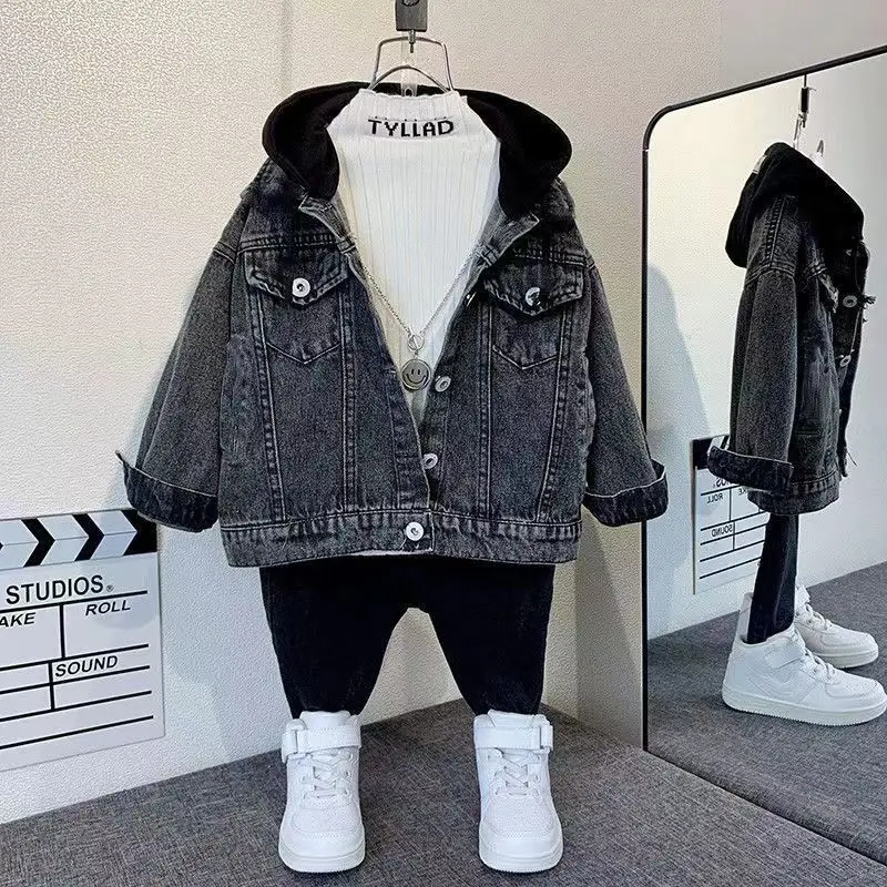 Boys Denim Jacket Spring Autumn Hooded Patchwork Jacket Boys Baby Fashion Embroidered Denim Jacket Kids Casual Clothing 2-7Y