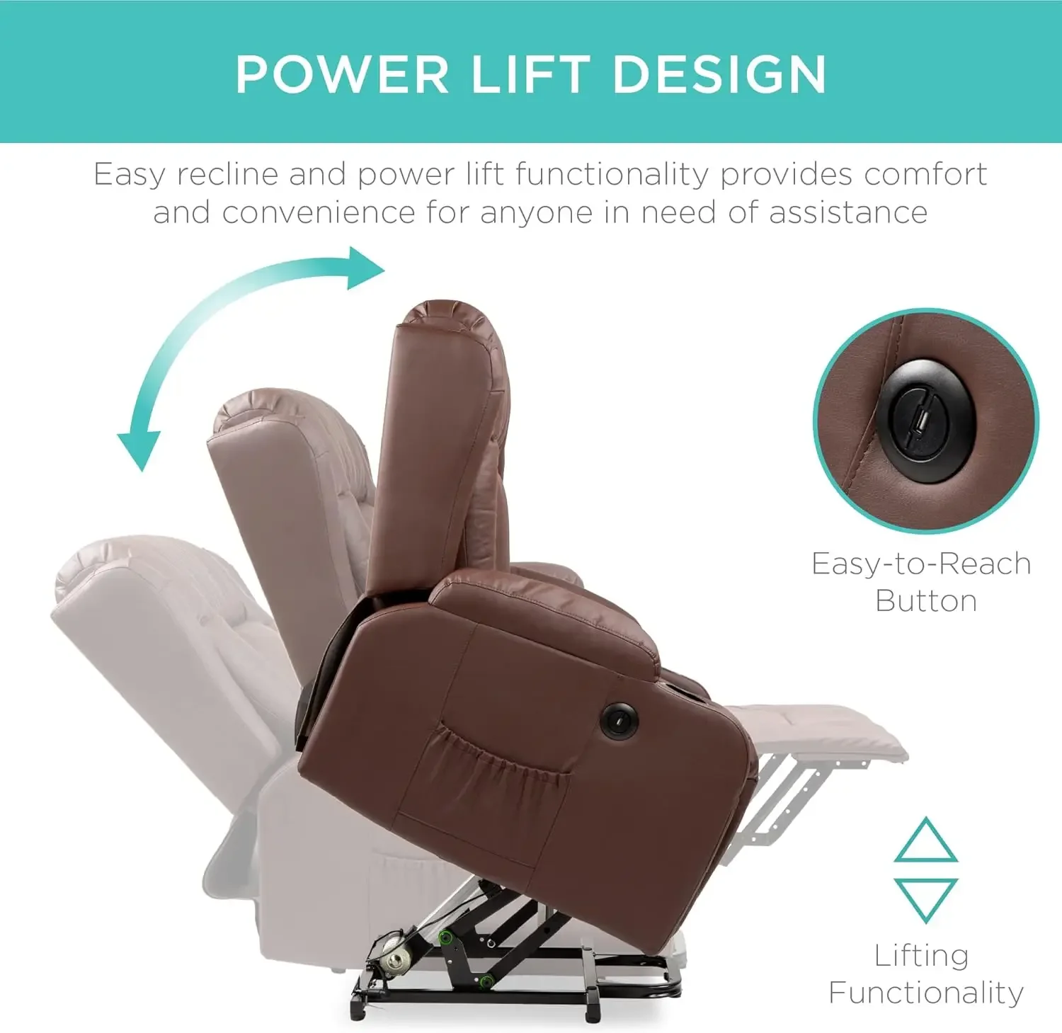 PU couro elétrico Power Lift cadeira reclinável, mobiliário ajustável para pernas traseiras, 3 posições, porta USB, calor