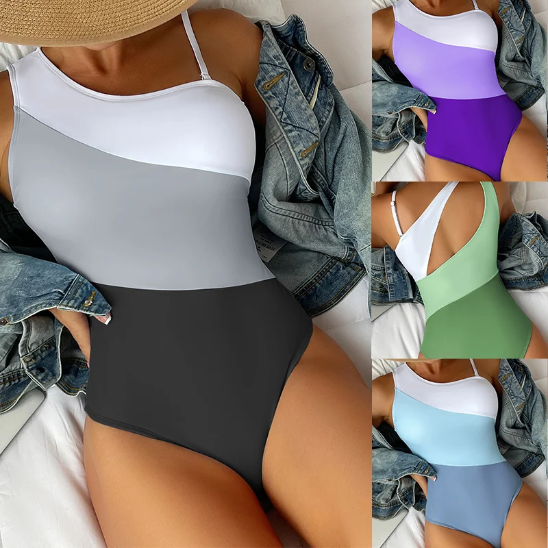 Jeden kawałek Bikini Gradient blokujący kostium kąpielowy damski z tyłu wydrążony, zestaw plażowy przynieść kolorowy kostium kąpielowy dla dziewczyny