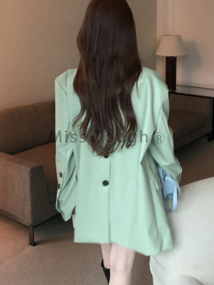 Autumn New Splicing Fake Two Leather Suit Jacket Female Korean Version Chi Long Loose Clothing Women Green V-neck Simple Coat