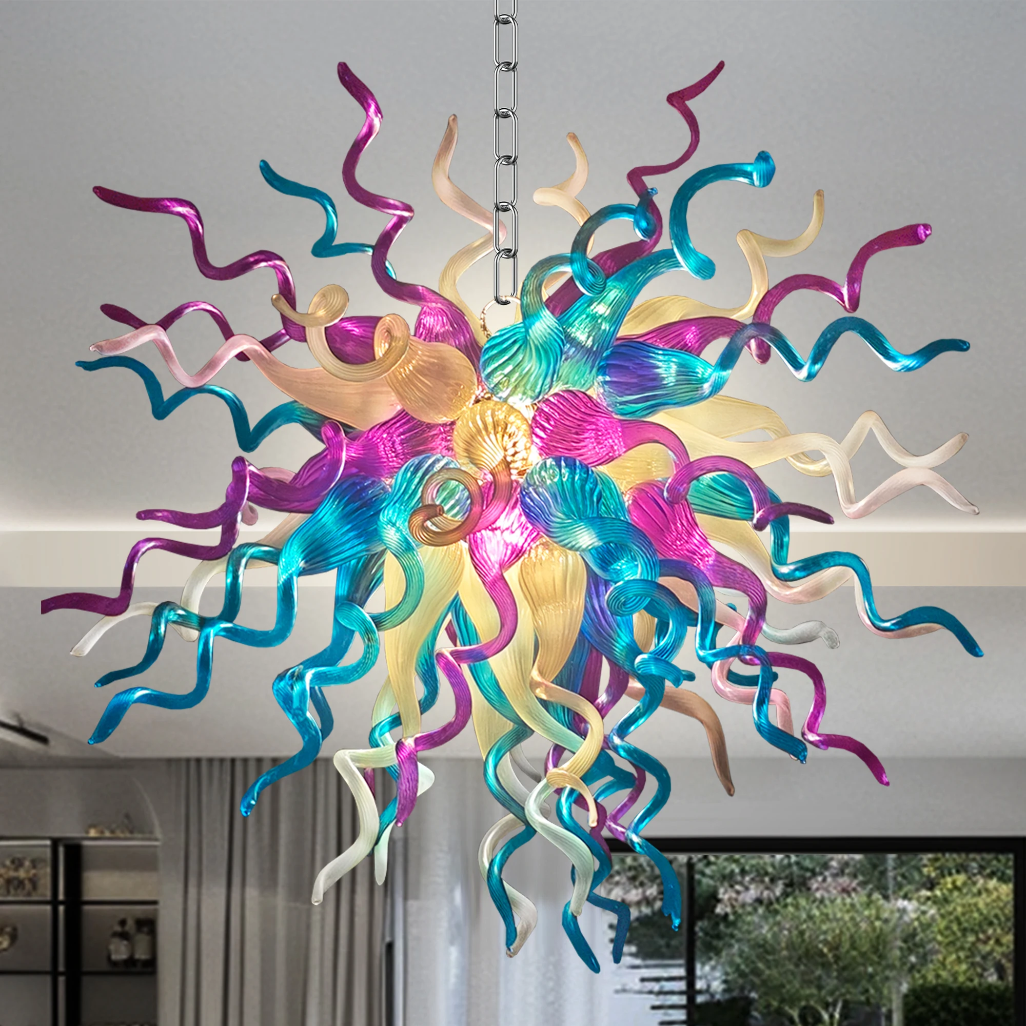 

LONGREE Art Decor Blue White Purple Handmade Blown Glass Chandelier Indoor Ceiling Lightings