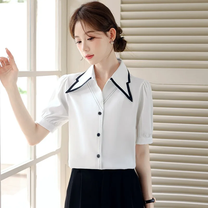 

Vintage Women's Blouses Chiffon Shirts Fashion Loose Summer Korean Clothing Short Sleeve White Women Tops