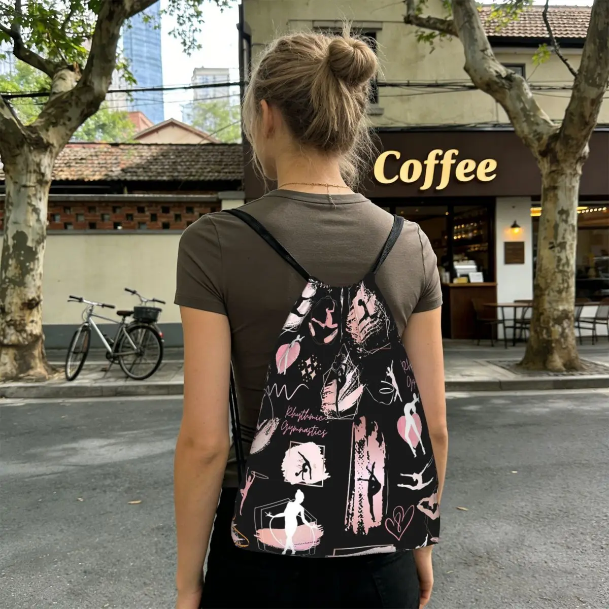 Dance Rhythmic Gymnastics Pattern Backpacks Fashion Drawstring Bags Shoes Bag Book Bags for Travel School