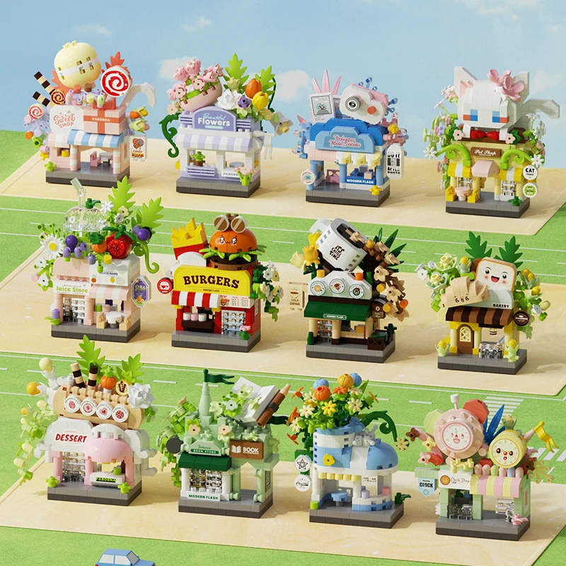 Bausteinset für Straßenszenenladen, kreatives Mini-Straßenszenenmodell, geeignet für Desktop-Display und Sammlung.