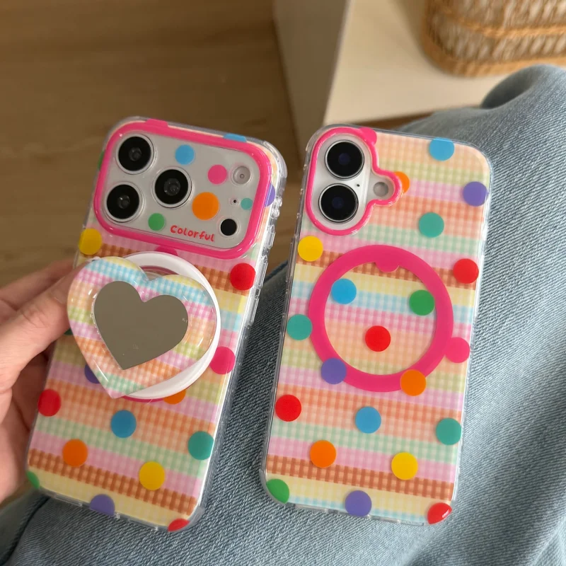 

Cute colorful grid polka dot Magsafe Wireless Charge Phone Case For iPhone 16 15 14 17 Pro Max Make Up Mirror Magnetic Cover﻿﻿﻿