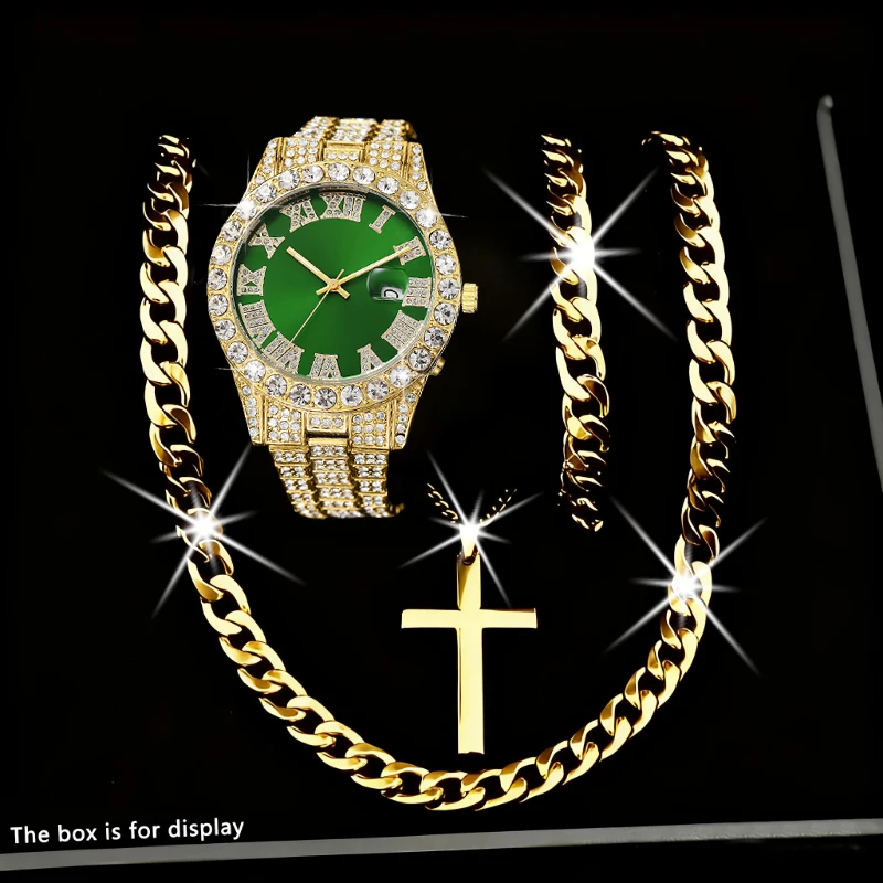 4 قطعة/المجموعة الفاخرة الماس الرجال كوارتز ساعة الفولاذ المقاوم للصدأ الفرقة التقويم ساعة اليد قلادة سوار طقم مجوهرات (بدون صندوق)