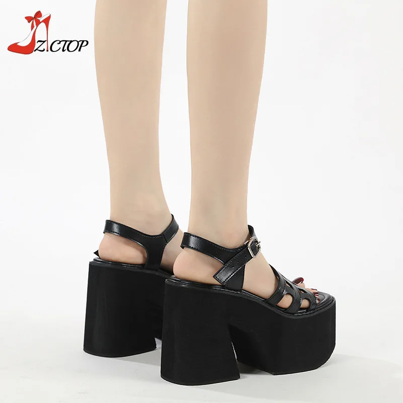 Platform Women Sandals Block Heel 2024 Summer New Black Chunky High Heels Sandals Buckle Casual Woman Shoes Plus Size 42 43