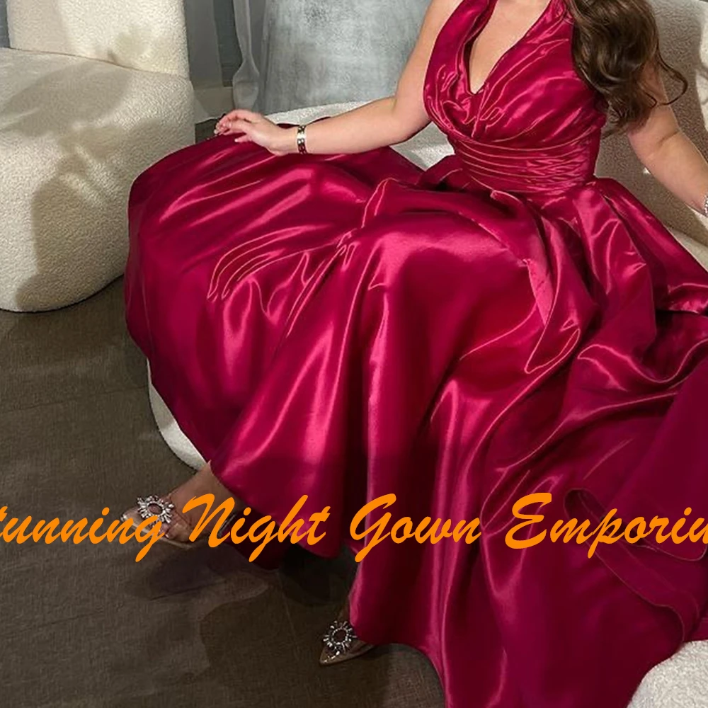 Customized Fashion Halter Pleats Piping Evening Dresses Temperament A-Line Satin Burgundy Party Gowns فساتين سهره نسائيه فخمة