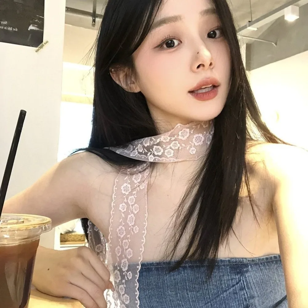 

Elegant Long Skinny Ribbon Lace Scarf Solid Color Floral Embroidery Decorative Belt Thin Tie Up Neckerchief