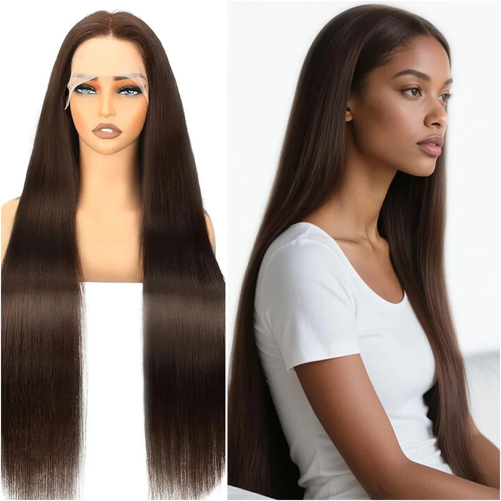 

13x6 HD Lace Frontal Wig Chocolate Brown Straight 100% Human Hair 200% 40 Inches Pre Plucked Brazilian Lace Front Wigs For Women