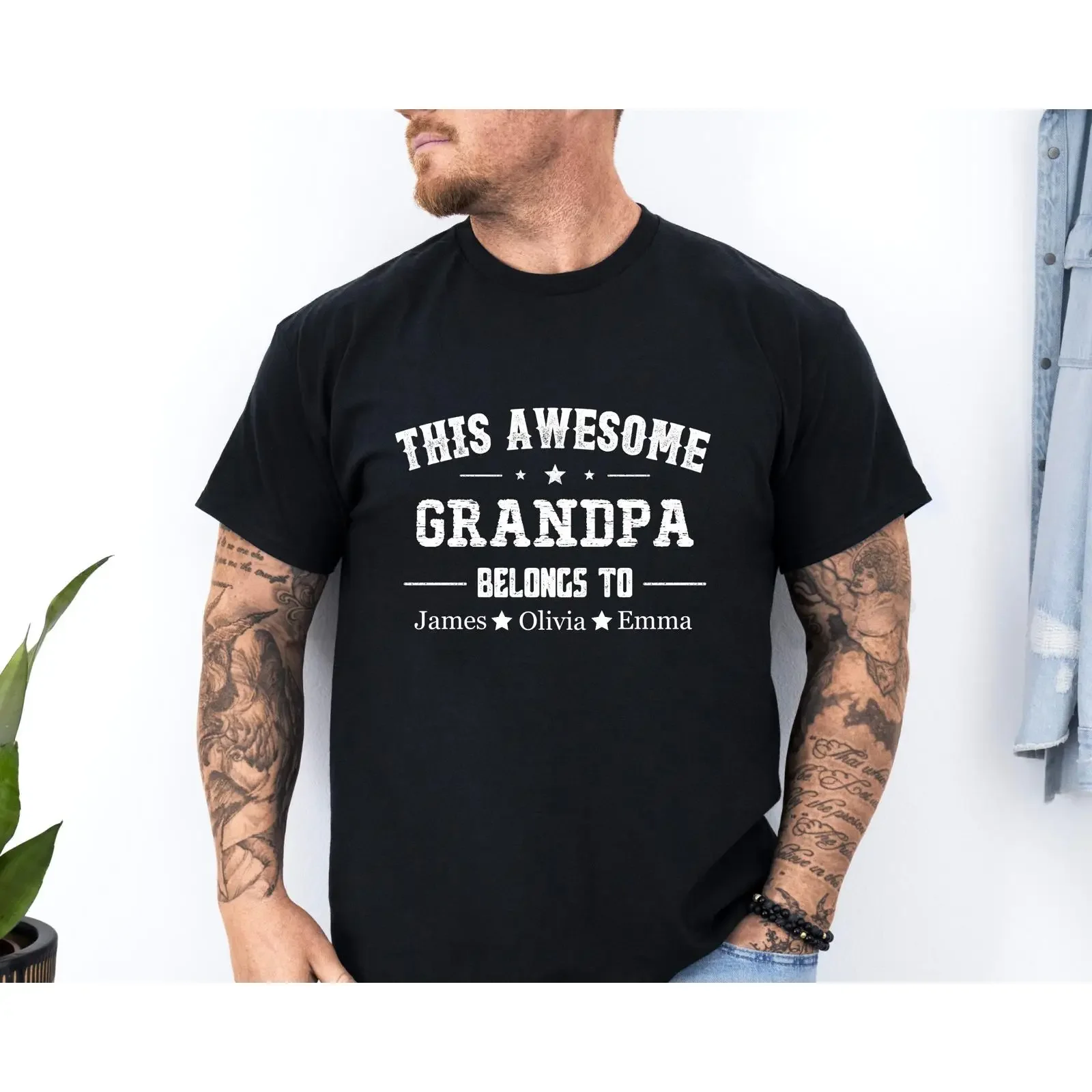 T-shirt personnalisé « This Awesome Grandpa Belongs To » avec noms de petits-enfants, pour la fête des pères, décontracté, vintage, lavé, élégant pour homme