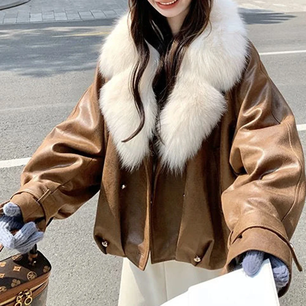 Caramel color big fur collar fur integrated down jacket women's winter 2025 new Maillard high-end casual thick coat
