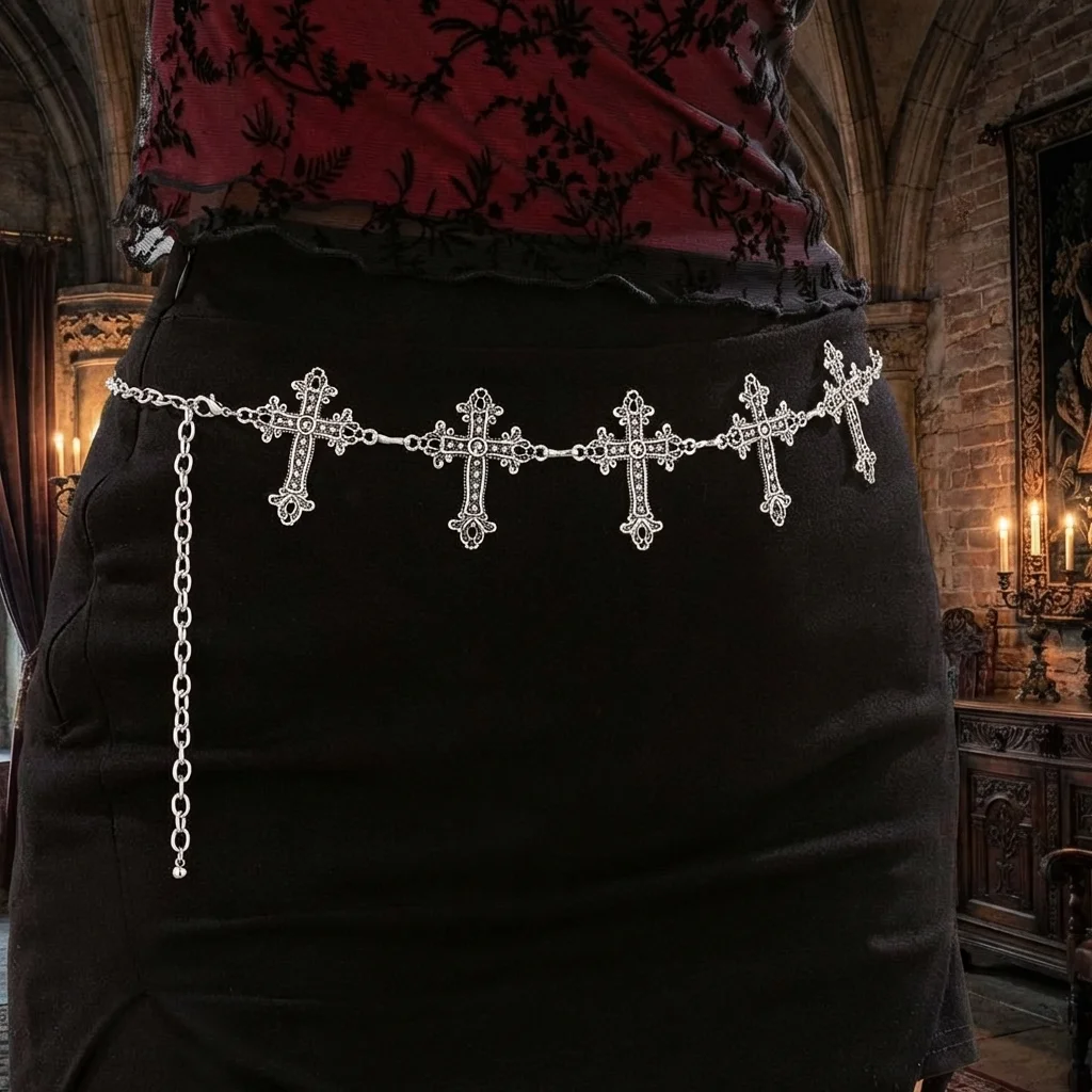 

Fashion Unique Pendant Metal Chain Belt Cross Pendant Adjustable Body Chain Link Chain Design Waist Chain Belt Outfit Accessory