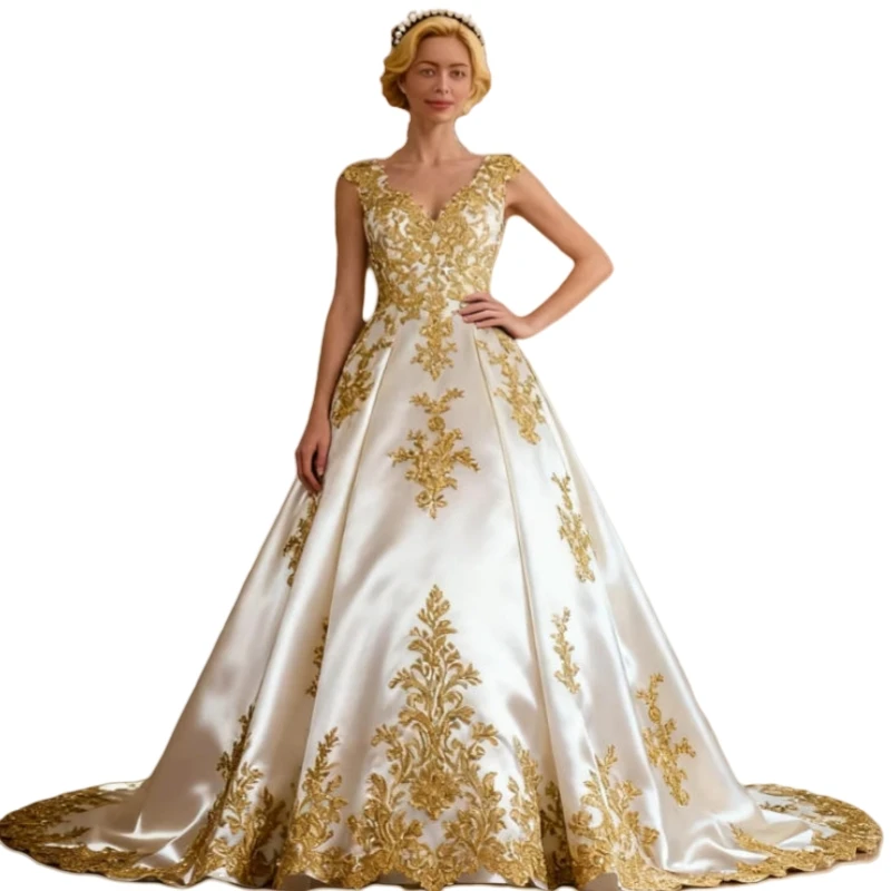 ชุดแต่งงานวินเทจสีขาวและสีทอง ประดับลูกไม้ คอวี แขนกุด ผ้าซาติน ชุดเจ้าสาวสั่งตัดได้