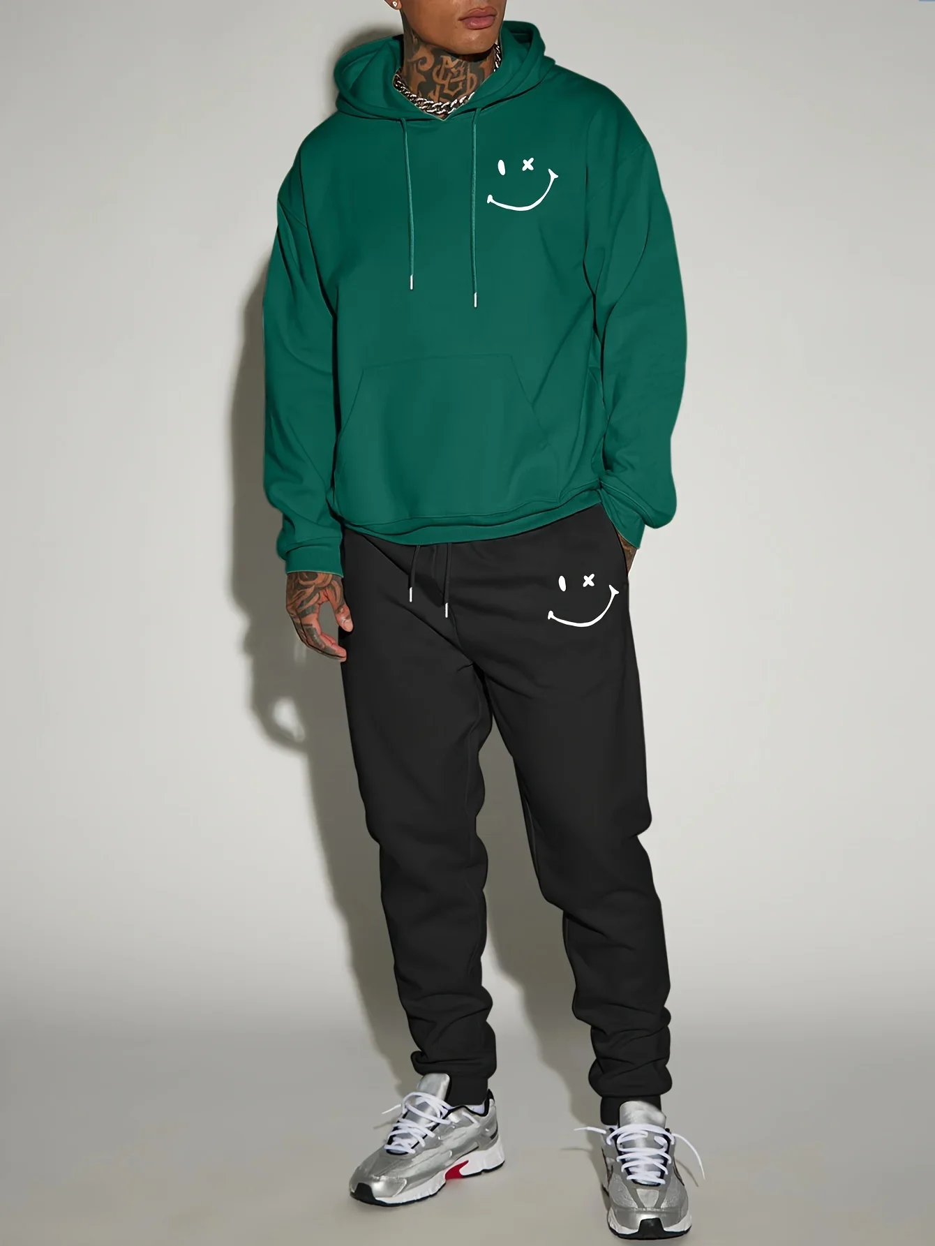 New autumn hoodie hooded set for men and women with sporty style smiley face print with drawstring and pocket as a gift view 3