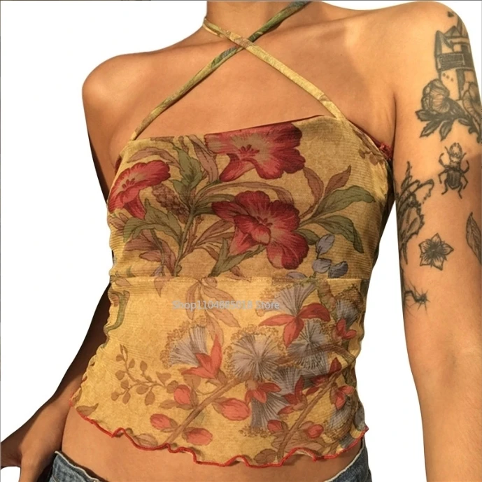 

Women Y2k Tube Tops Halter Sleeveless Floral Print Backless Aesthetic Slim Crop Tank Top Cami Streetwear