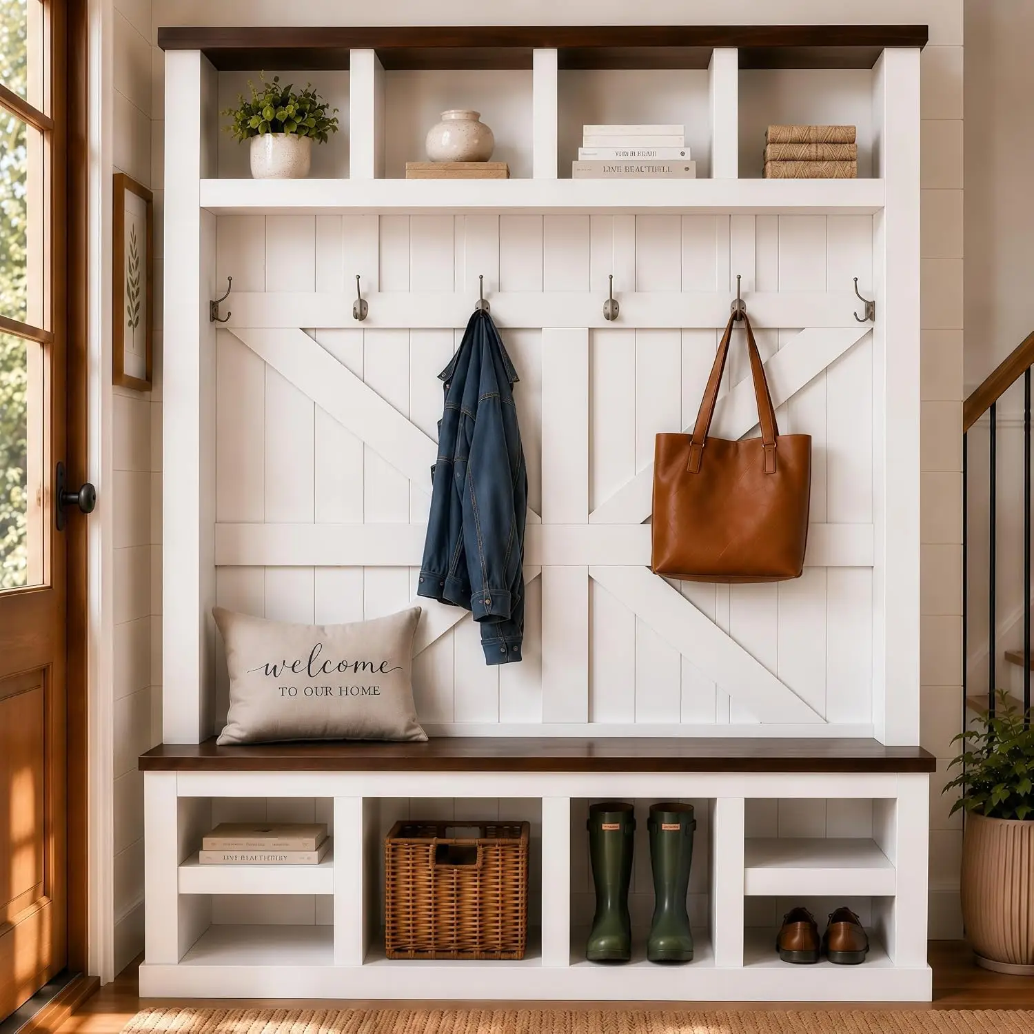 Farmhouse Hall Tree with Bench and Shoe Storage, Entryway Coat Rack with 6 Double Hooks, 4 Top Cubbies, 4 Bottom, Customized