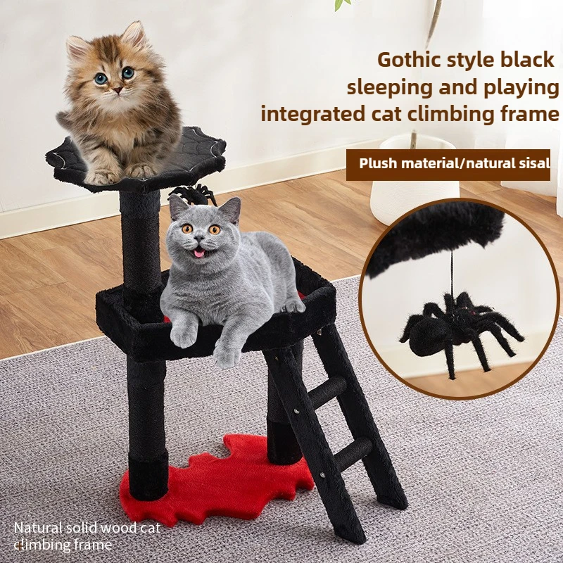 

Black Gothic Cat Tower Coffin Bed Condo Scratching Posts Spider Ball Multi-Level Furniture Halloween Cat Tree