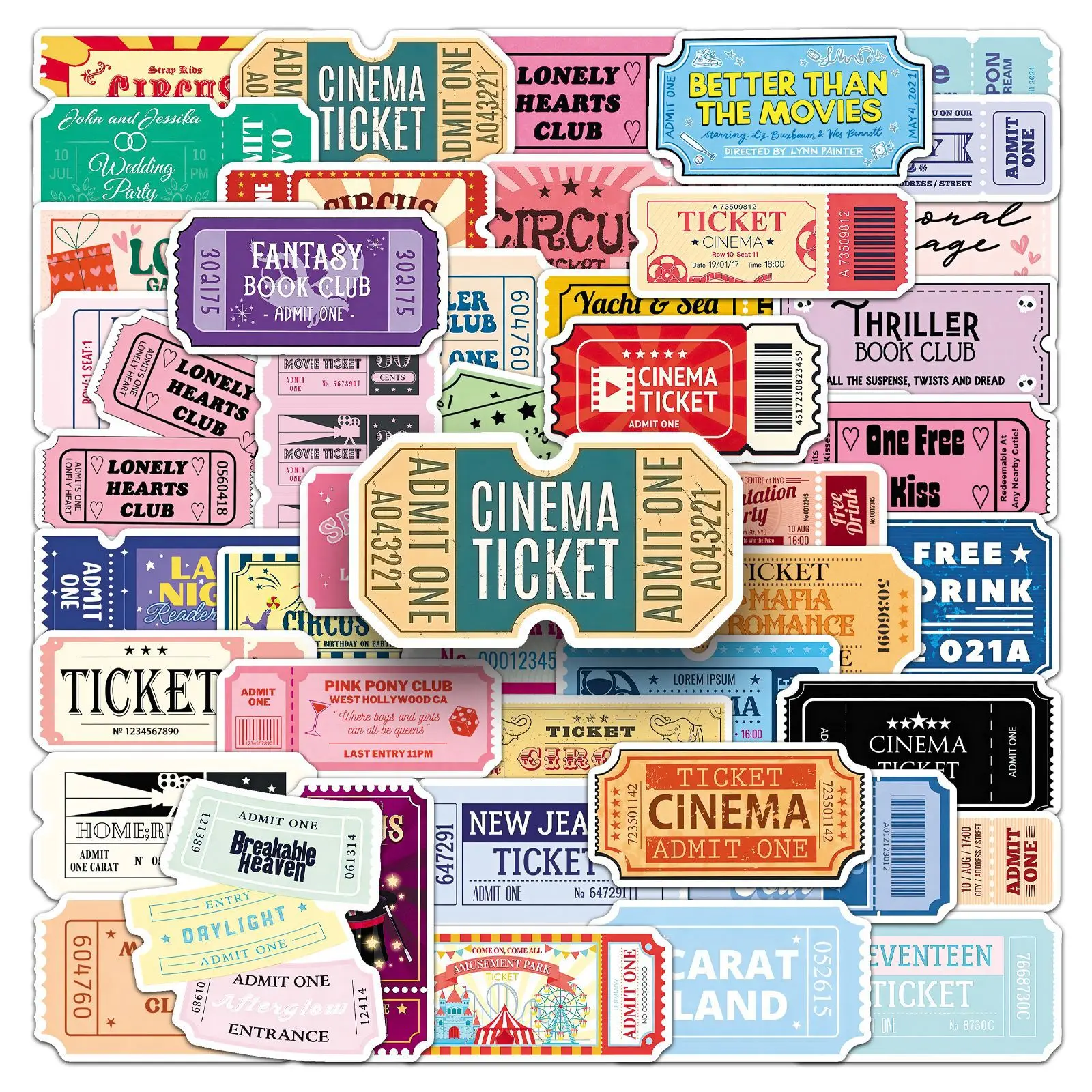

50Pcs Vintage Ticket Stickers Decals For Laptop Scrapbook Luggage Guitar Helmet DIY Graffiti Aesthetic Stickers