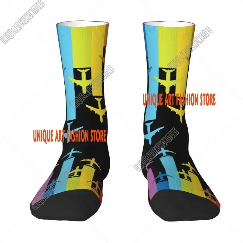 Rainbow Airplanes Chemtrails Men's Crew Socks Unisex Funny Funny Aviation Fighter Pilot Dress Sock