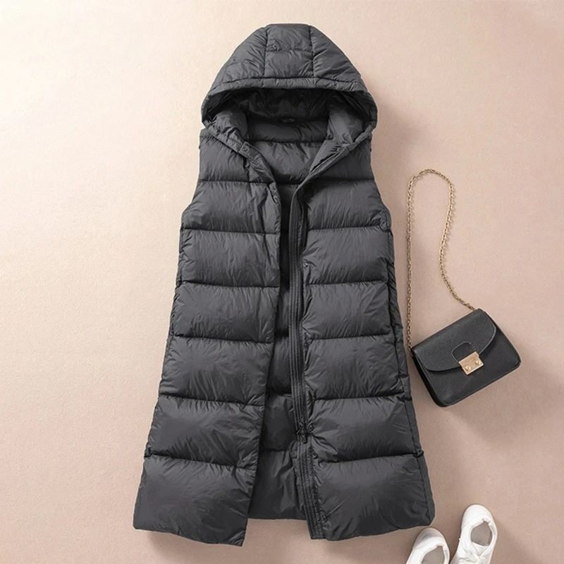New Winter Women's Long Waistcoat Ultra Light 90% White Duck Down Vest With Hooded Female Warm Sleeveless