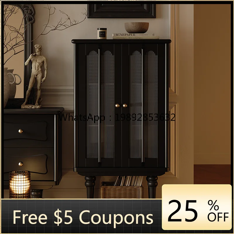 LYY Living Room American French Retro Glass Small Wine Cabinet Black Solid Wood Wall-Mounted Home TV Side Cabinet Display