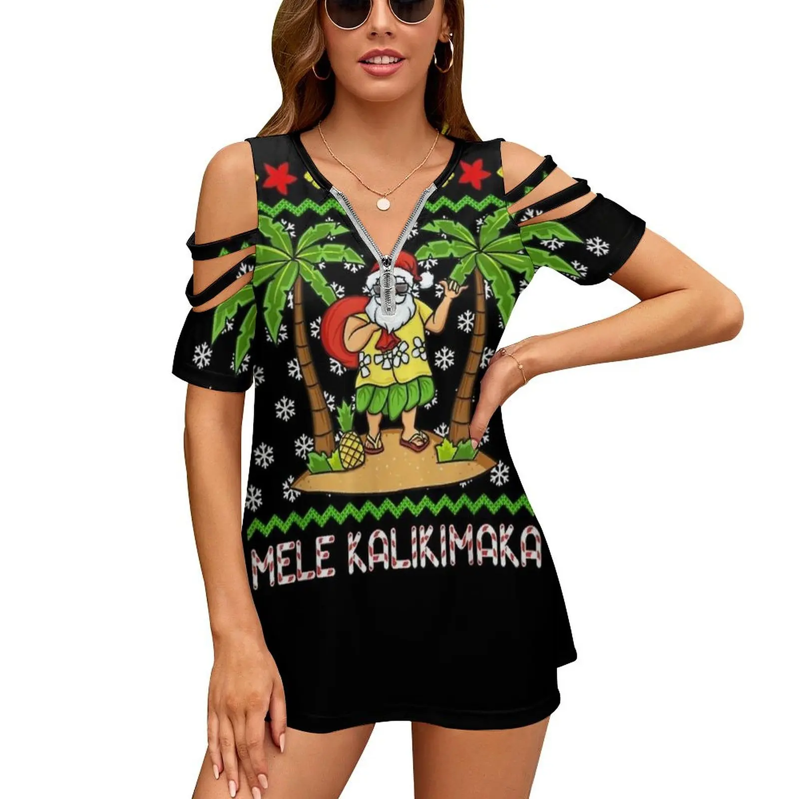 Mele Kalikamaka Hawaiian Christmas In July Hawaii Santa Gift Women Zipper Sexy Printed Vintage T Shirts Tops Full Print T-Shirt