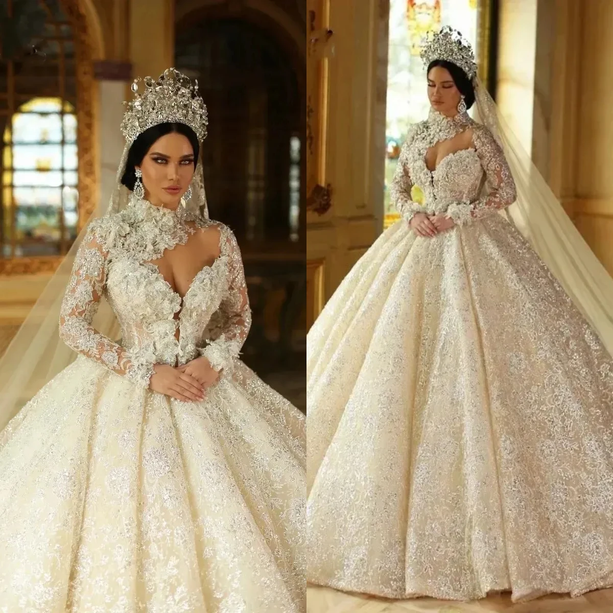 

Роскошное свадебное платье А-силуэта с кружевными аппликациями и бисерным декором, сексуальное, с высоким воротом, длинными рукавами, в арабском стиле, очаровательное платье для невесты, на заказ