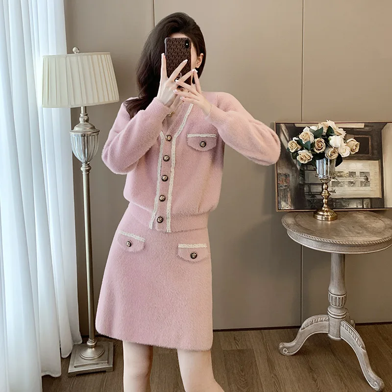 Women's imitation mink knitted 2 pieces set, cardigan sweater jacket+high waisted A-line skirt casual set