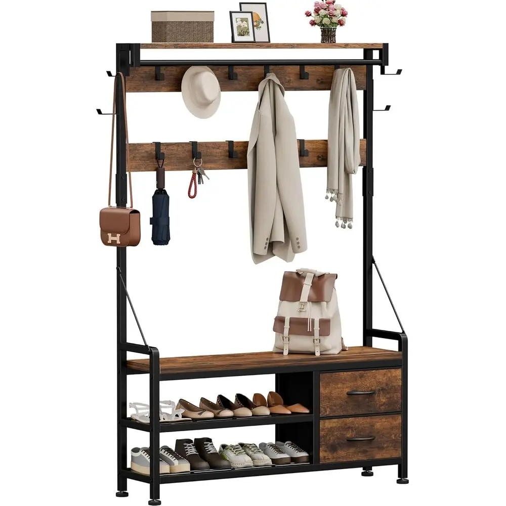 Coat Rack, 39.4” Hall Tree with Shoe Storage Bench, Rustic Brown | 5 in 1 Entryway urniture Organizer, 21 Hooks, 2 abric Ders, H