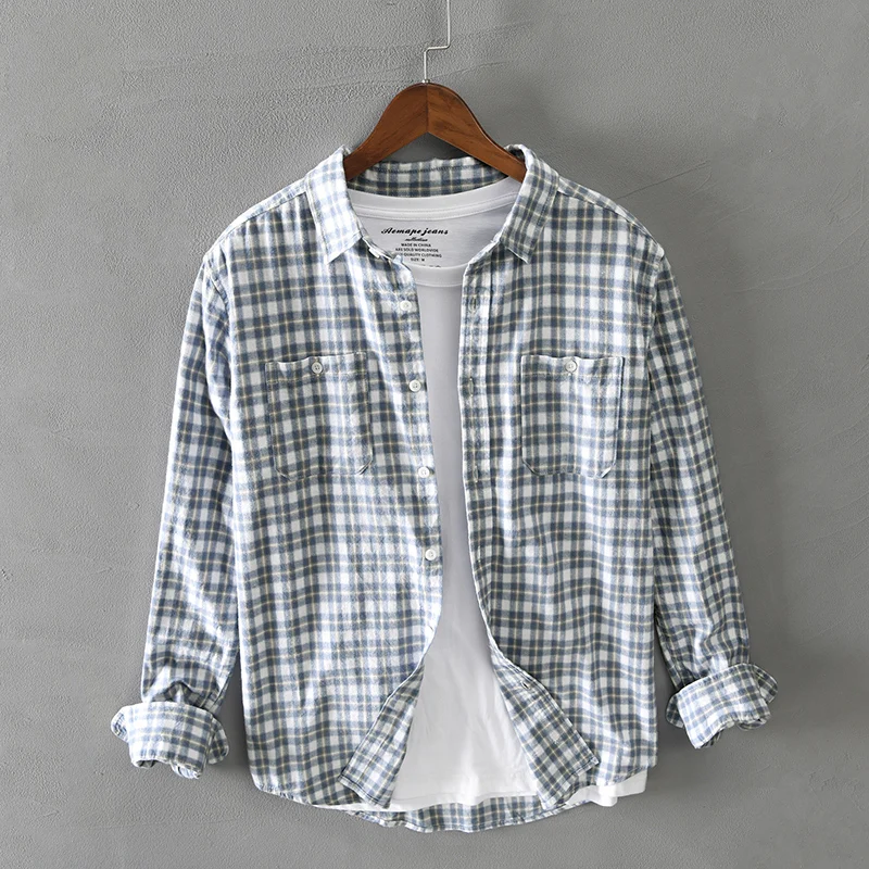 2026 Spring Autumn New Men Shirts Casual Plaid Long Sleeve Cotton Shirt Thick Retro Multi-pocket Blue Workwear
