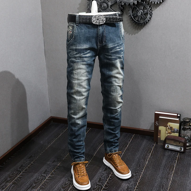 Italian Style Fashion Men Jeans Retro Washed Blue Stretch Slim Fit Ripped Jeans Men Trousers Vintage Designer Denim Pants Hombre